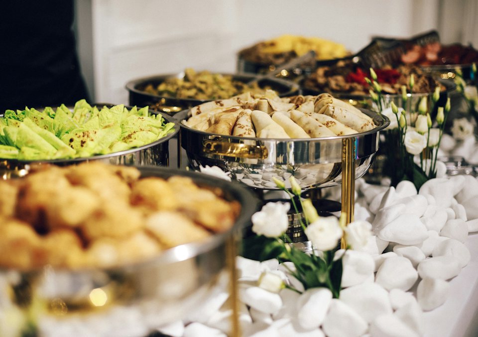 Corporate hospitality buffet in chafing dishes