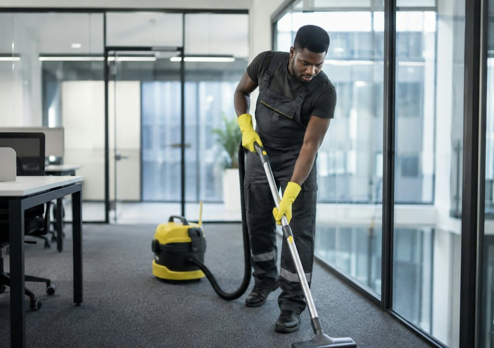 A cleaning operative vacuuming a modern open-plan office