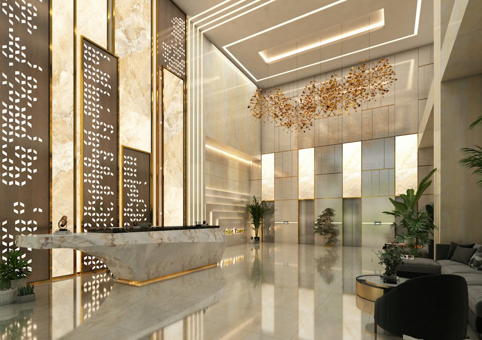 A modern corporate reception lobby